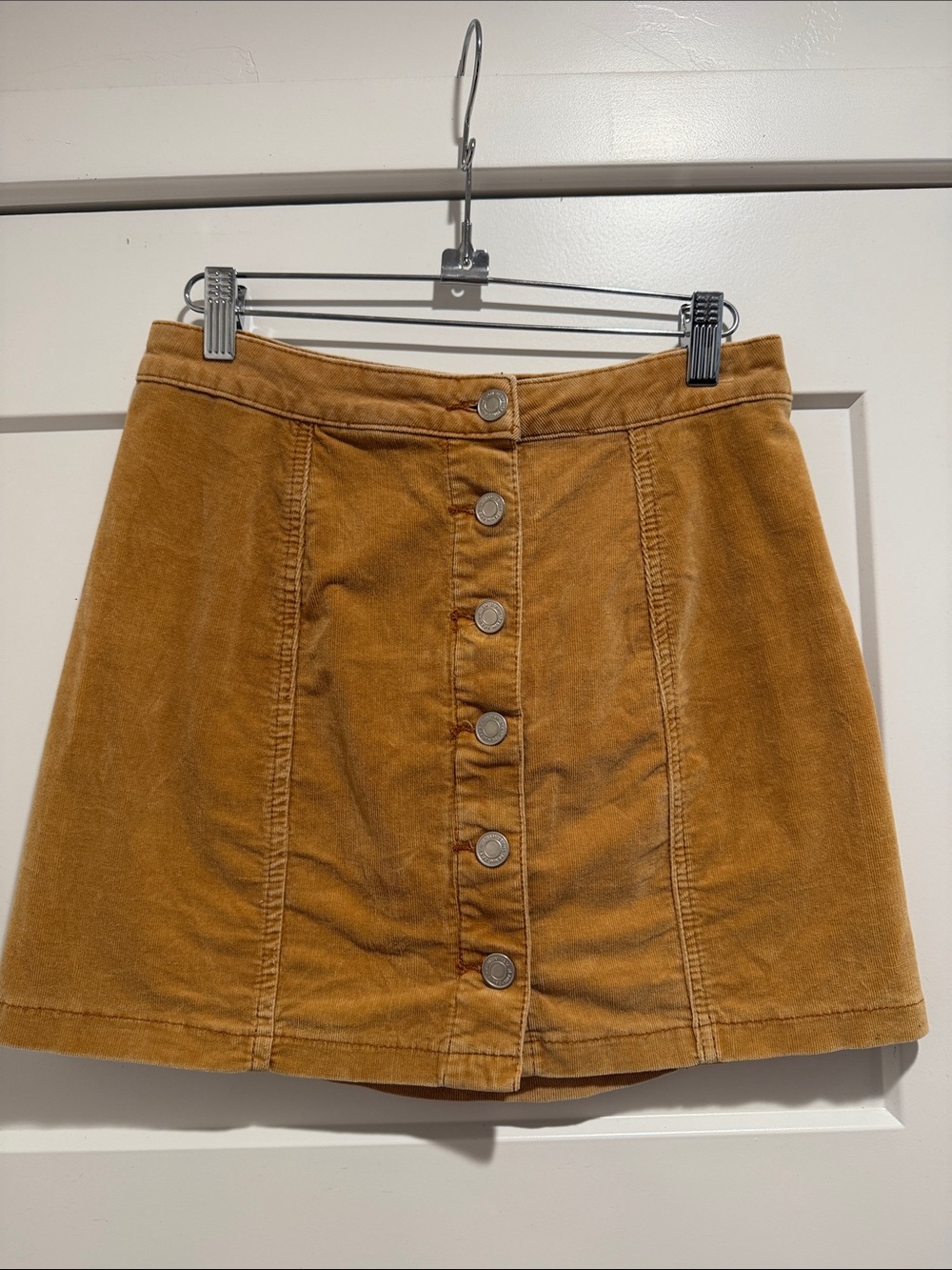 Button-Front A-Line Corduroy Mini Skirt in Mustard